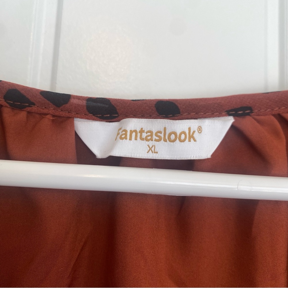 Fantaslook Women's Deep Orange and Brown Pattern Short Sleeve Top Size XL - Picture 3 of 8